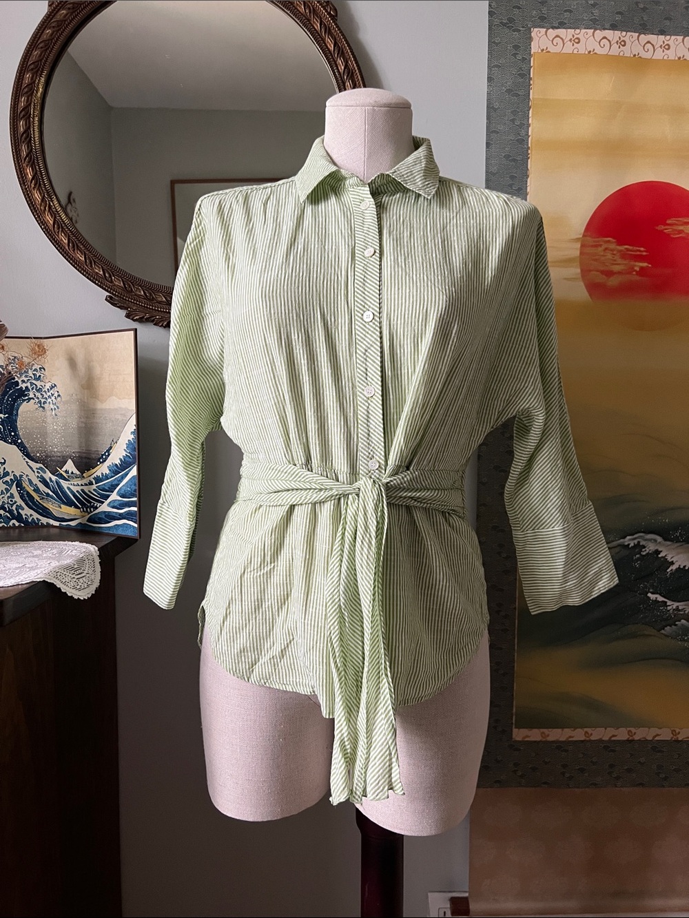 Women's Light Green Striped Tie-Front Button-Down Shirt